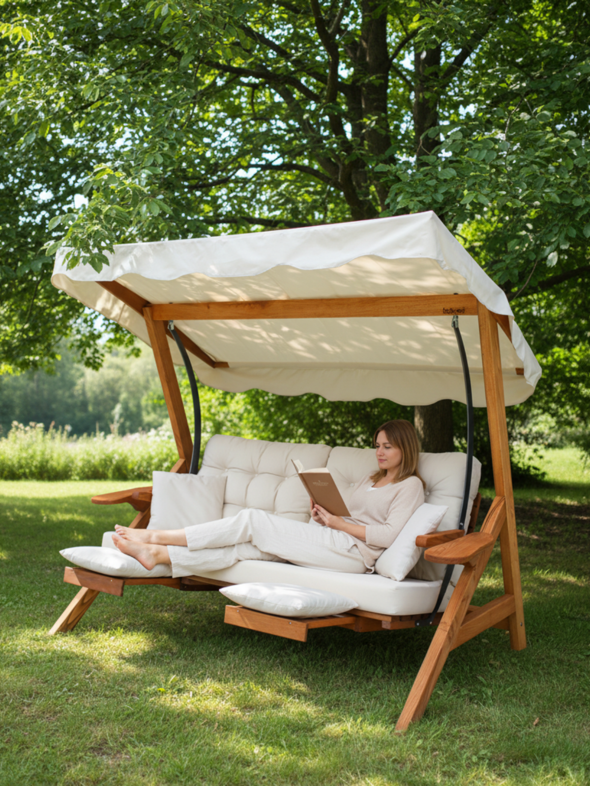 Venedik 3 Kişilik Ahşap Salıncak | Kademe Ayarlı, Dış Mekana Dayanıklı