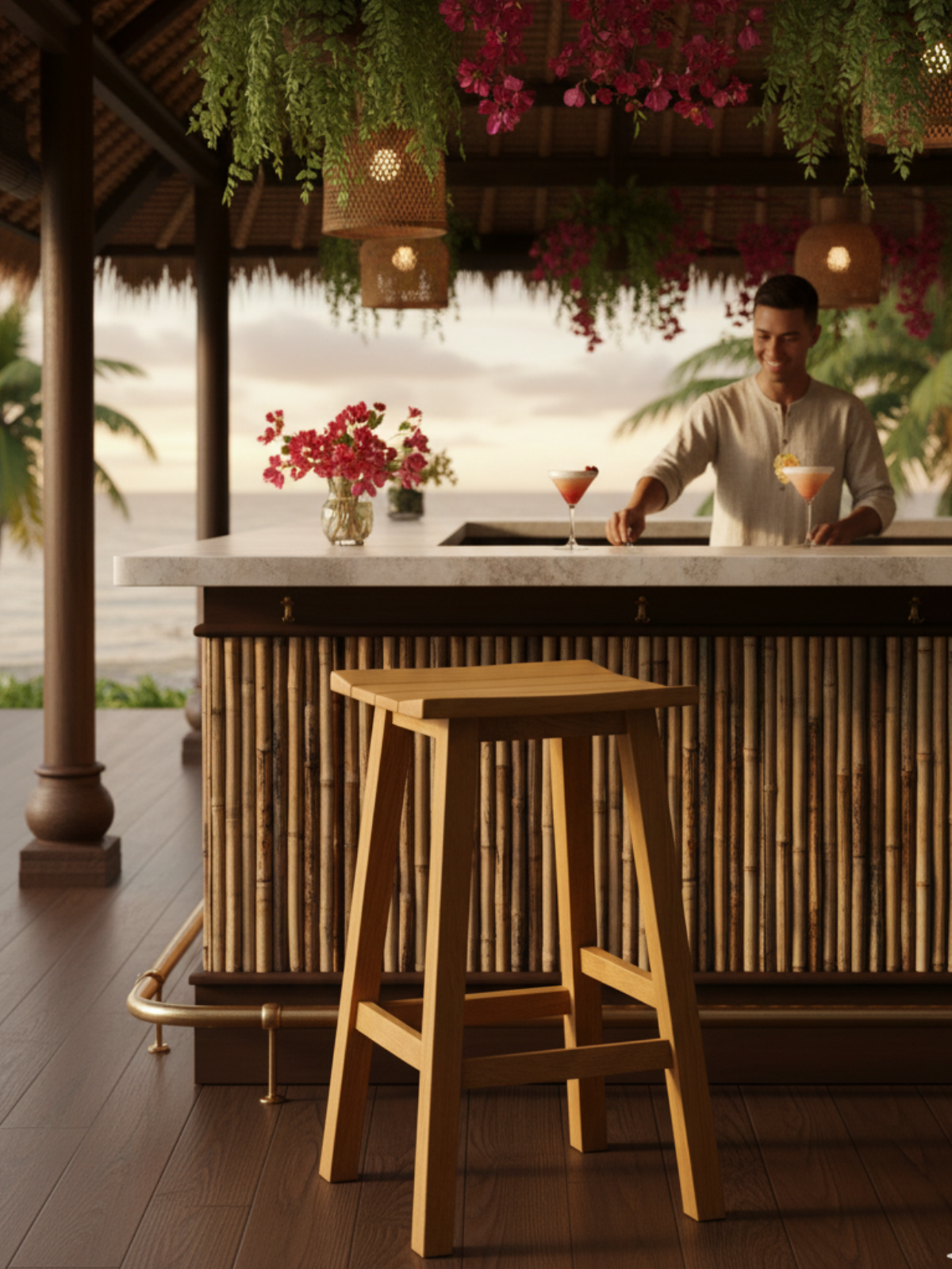 Riva Ahşap Bar Taburesi | Kestane, Paslanmaz Bağlantılı Tasarım