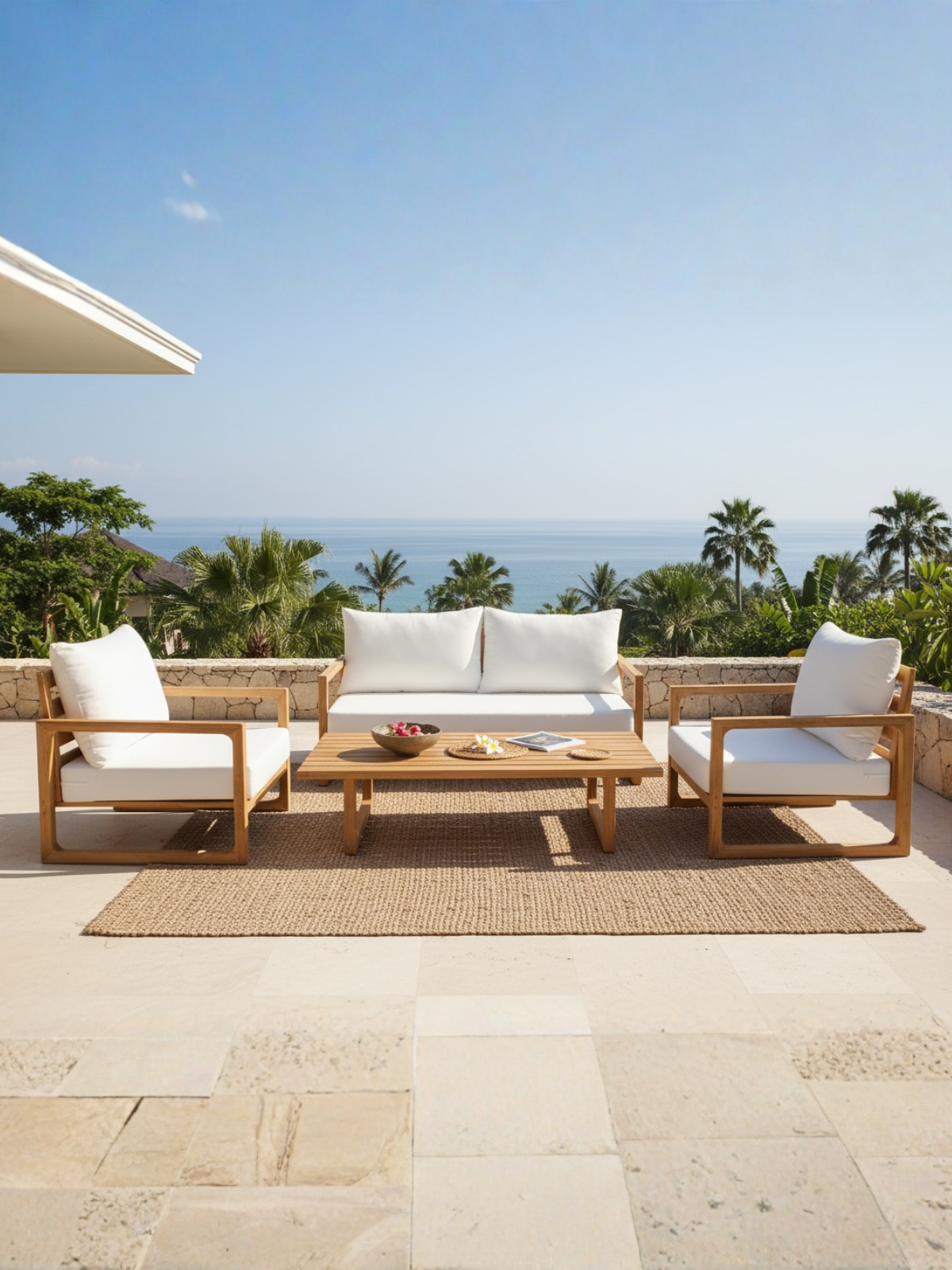 Leo Ahşap Oturma Seti | Kestane Ağacı & Olefin Kumaş Dış Mekan Takımı - 3+1+1+Sehpa