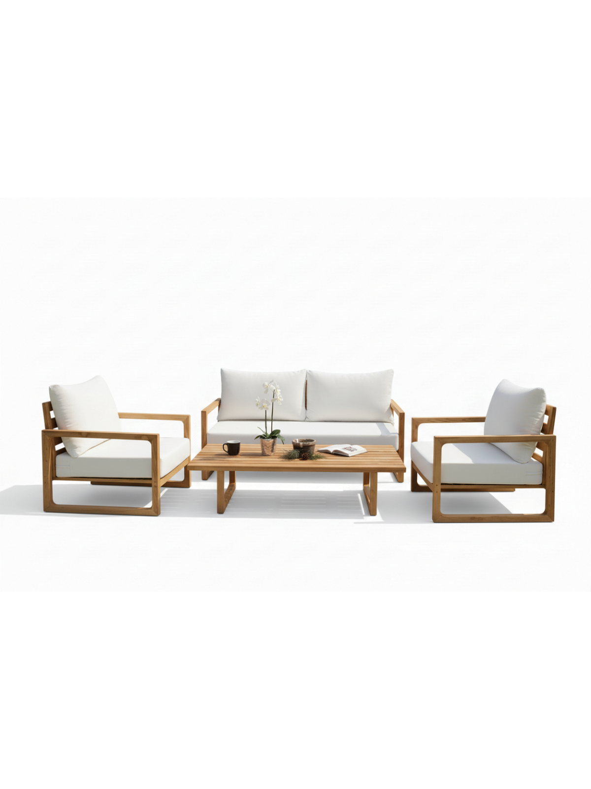 Leo Ahşap Oturma Seti | Kestane Ağacı & Olefin Kumaş Dış Mekan Takımı - 3+1+1+Sehpa