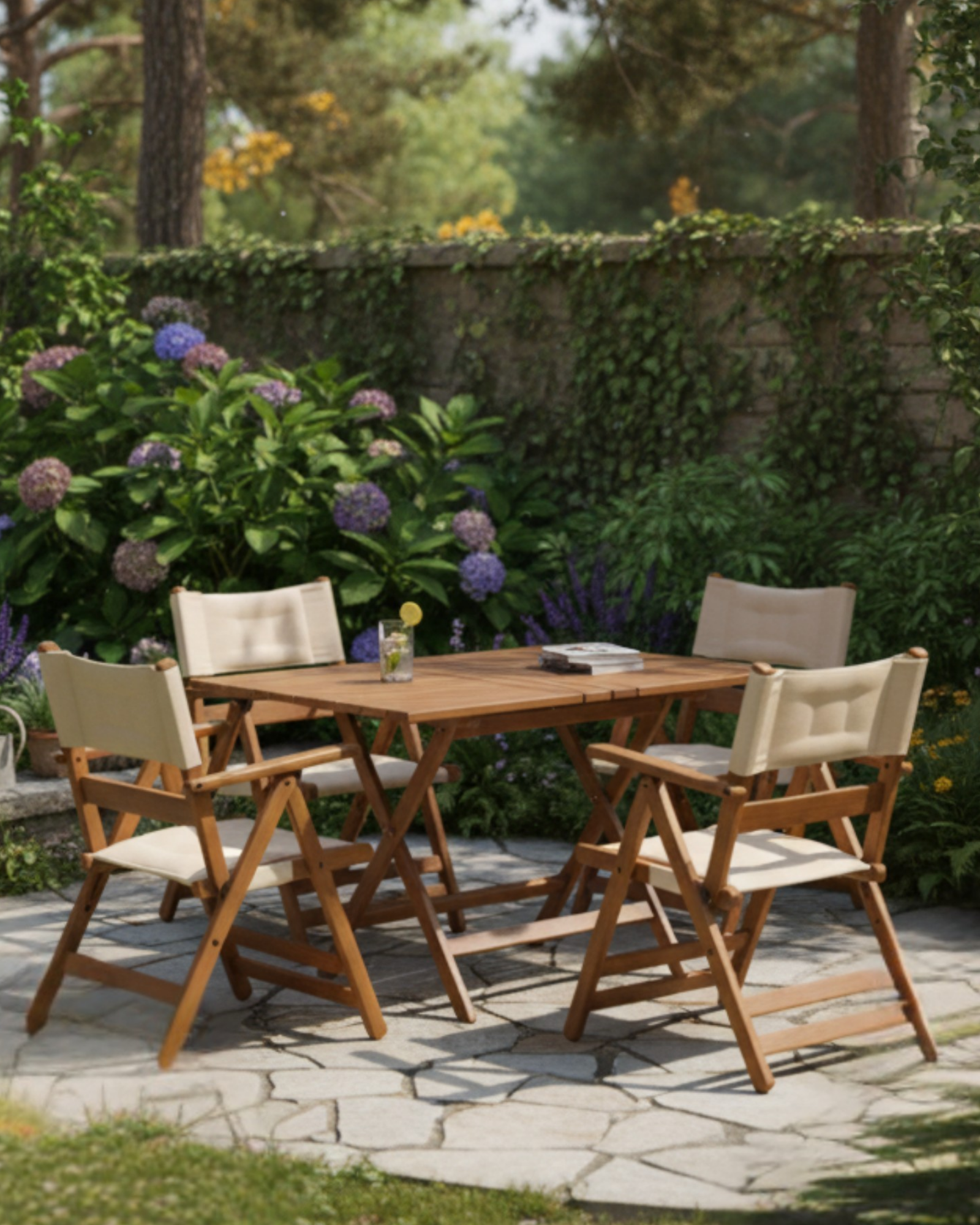 Atina 4'lü Dayanıklı Bahçe Seti | Gürgen Ahşap, Sabit Dış Mekan Masa Sandalye Seti