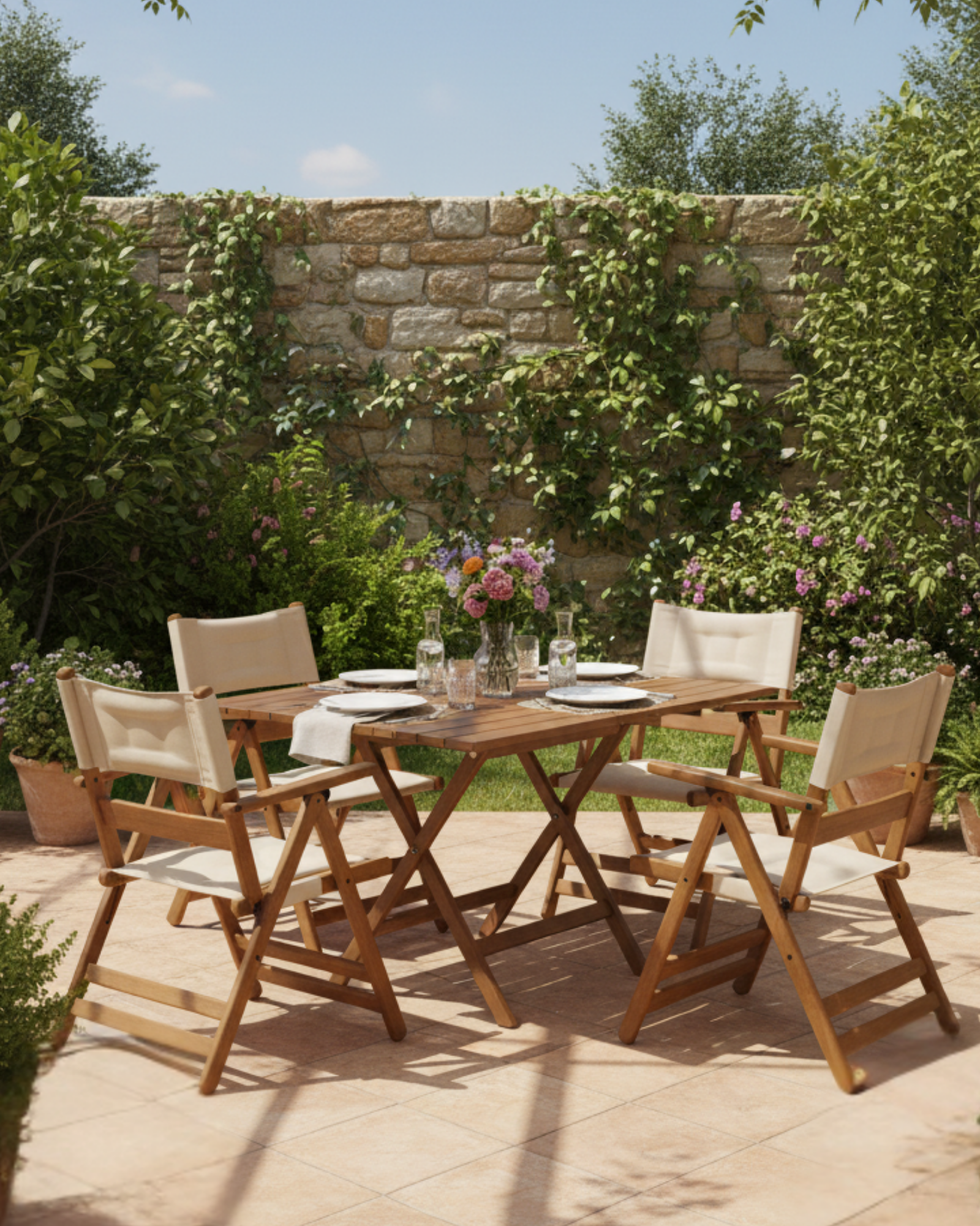 Atina 4'lü Dayanıklı Bahçe Seti | Gürgen Ahşap, Sabit Dış Mekan Masa Sandalye Seti