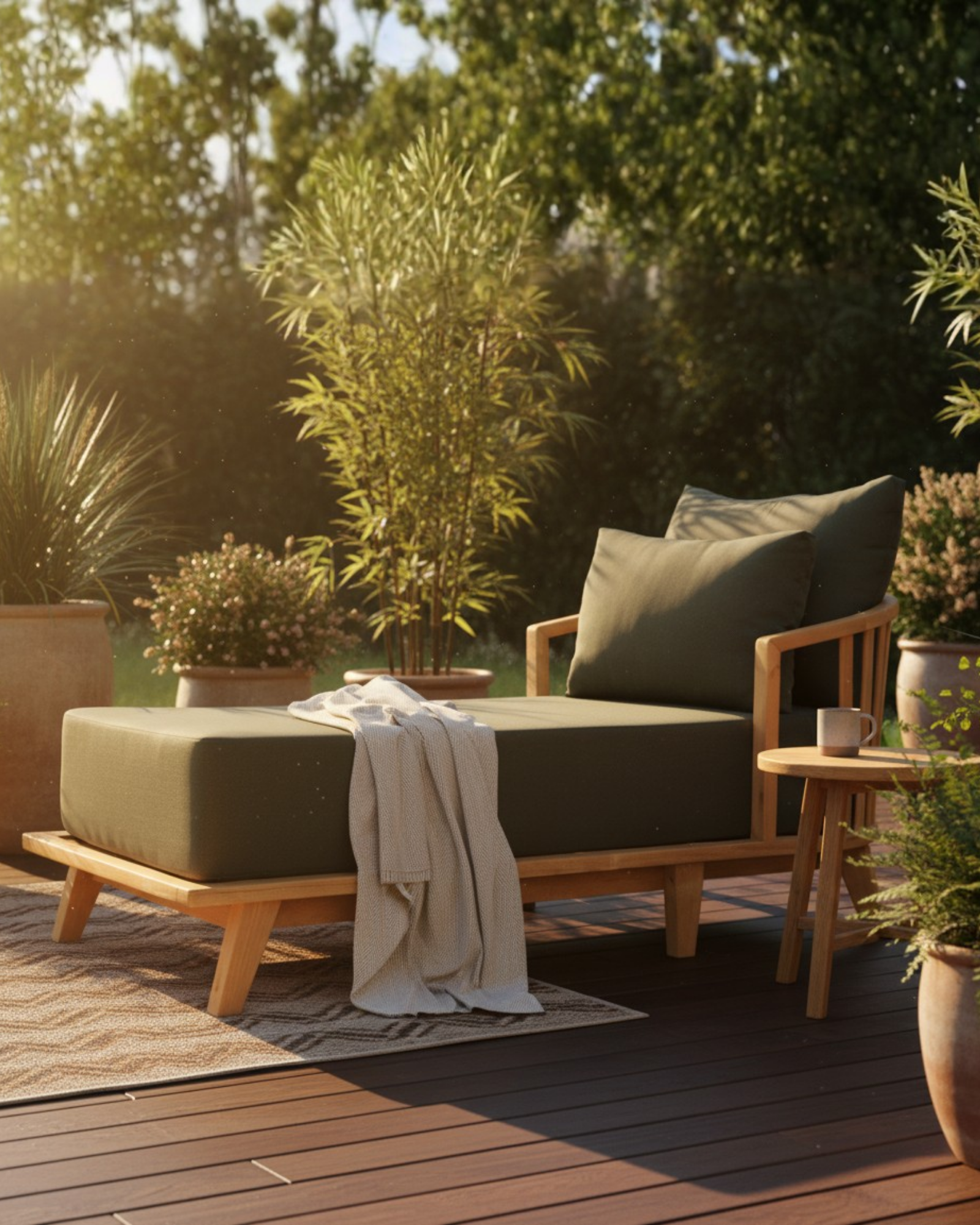 YORK Kestane Şezlong Minderli | Dış Mekan Şezlong Doğal Ahşap Tasarım