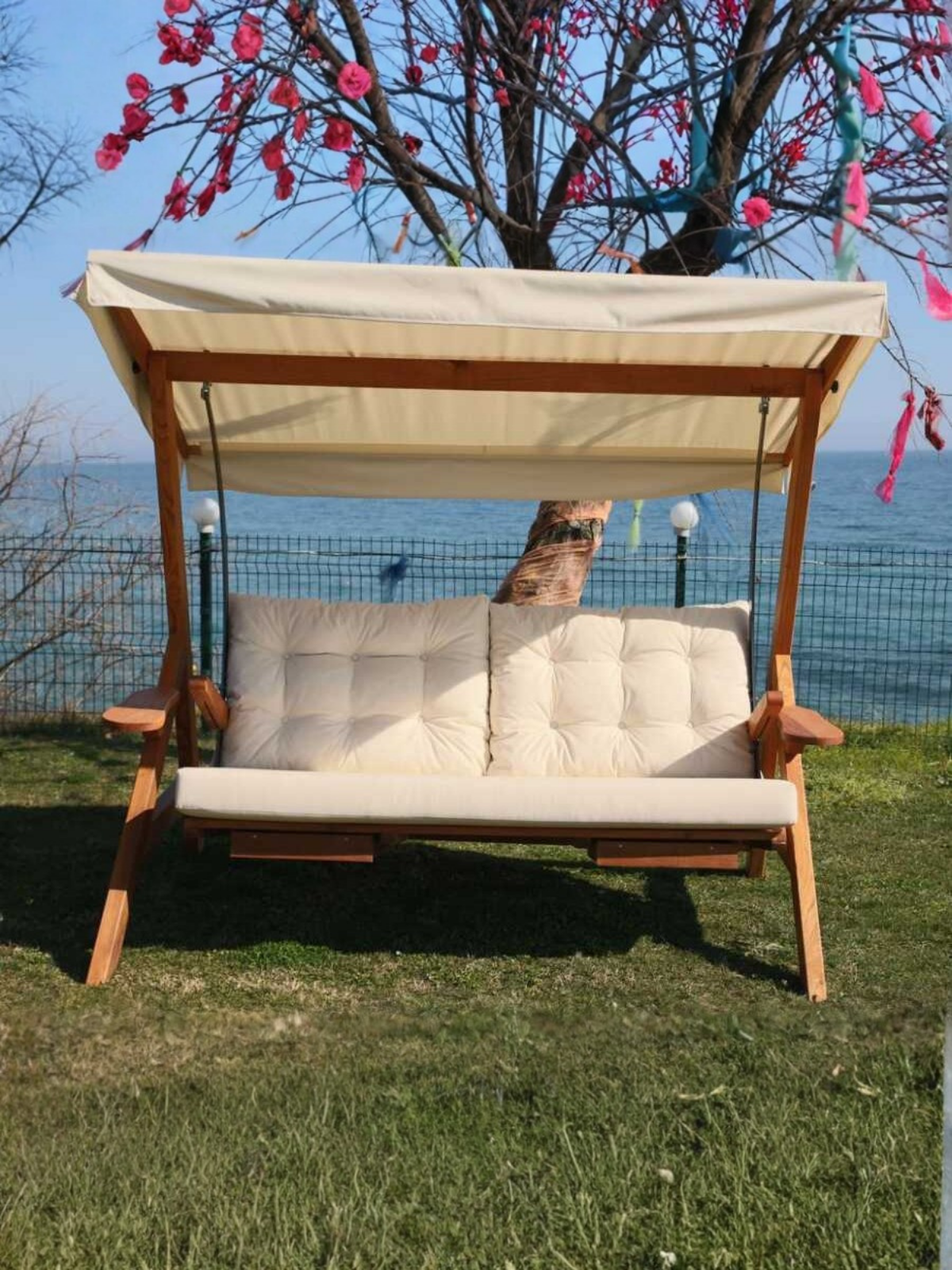 Venedik 3 Kişilik Ahşap Salıncak | Kademe Ayarlı, Dış Mekana Dayanıklı