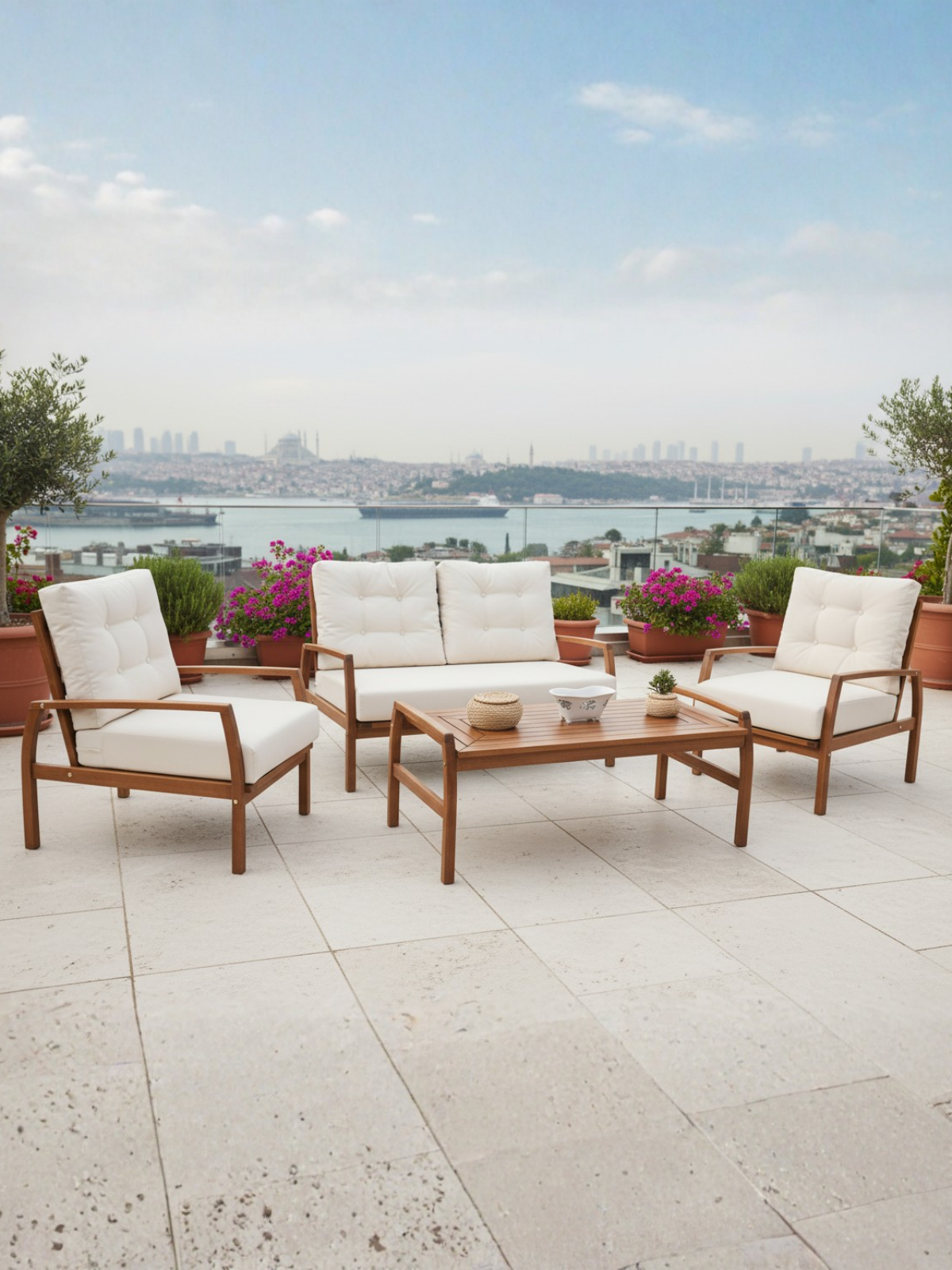 Likya Ahşap Oturma Seti | Gürgen Ağacı, El İşçiliği ve Zarif Tasarım - 2+1+1+Sehpa