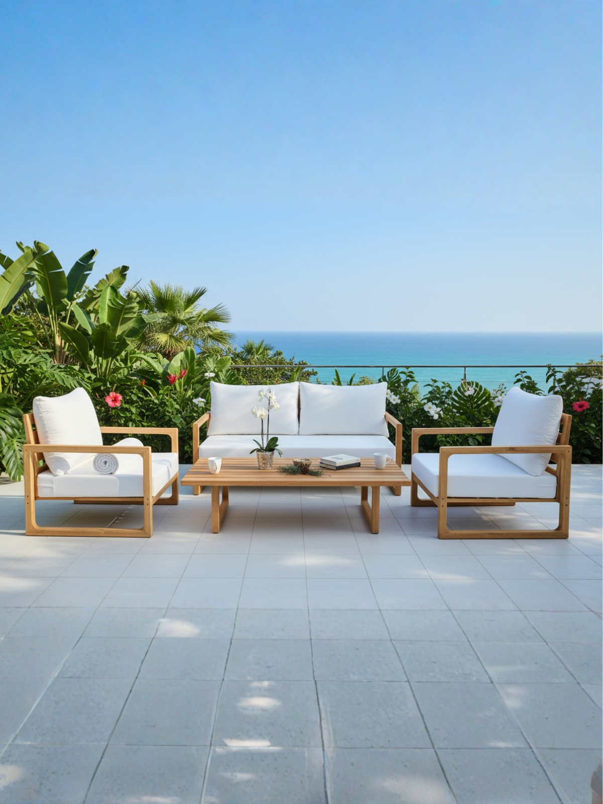 Leo Ahşap Oturma Seti | Kestane Ağacı & Olefin Kumaş Dış Mekan Takımı - 3+1+1+Sehpa