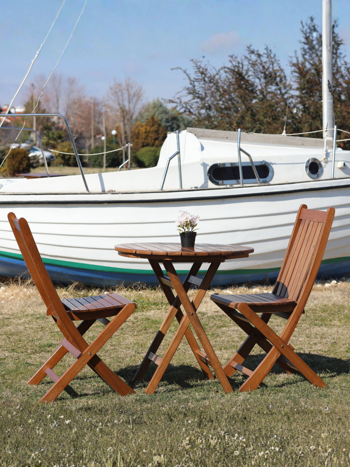 Buzludja Balkon Çay Oturma Seti | Gürgen Ahşaptan  Dayanıklı Masa Sandalye, Dış Mekan Kullanımına Uygun