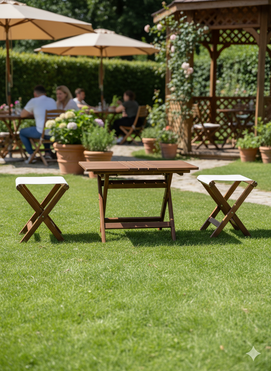 Atina Tabure Sehpa Çay Oturma Seti | Gürgen Ahşaptan Dayanıklı, Dış Mekan Kullanımına Uygun