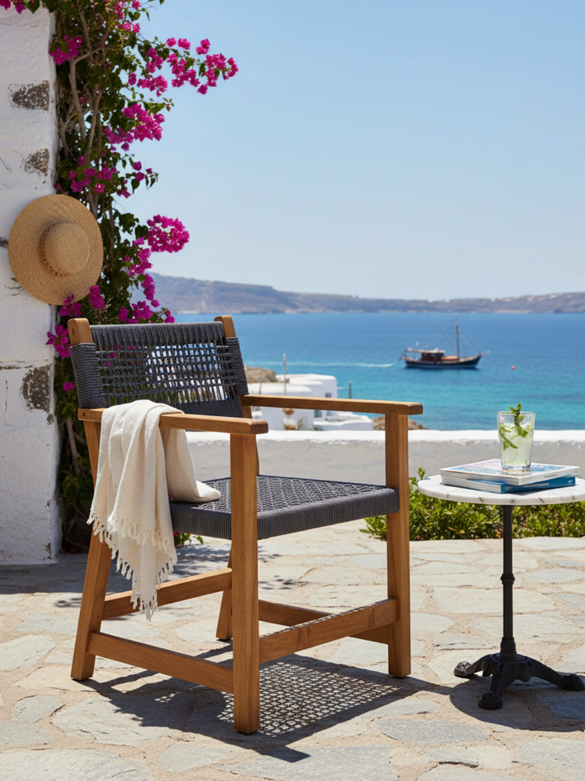 Maya Kollu Ahşap Sandalye Antrasit | El Dokuması Doğal Jüt Halatlı Tasarım