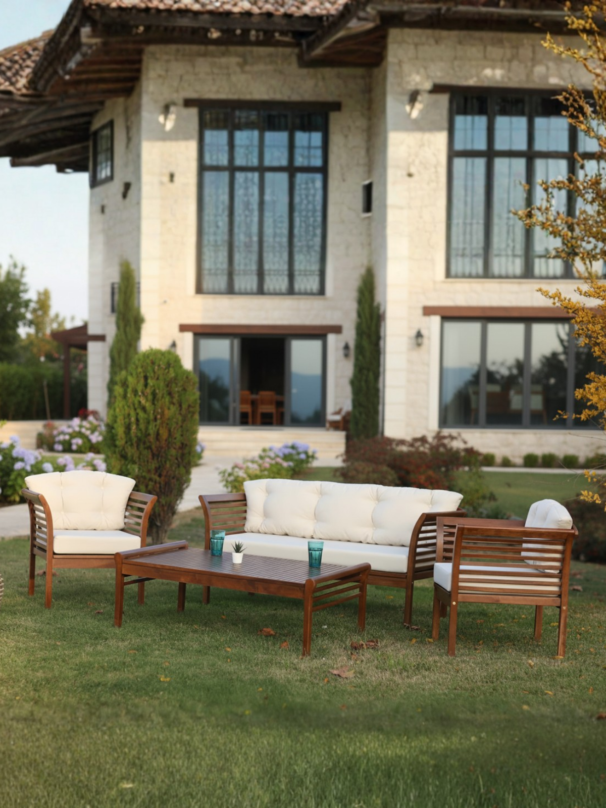 Venüs Ahşap Oturma Grubu | Dört Mevsim Dayanıklı Bahçe Mobilyası - 3+1+1+Sehpa