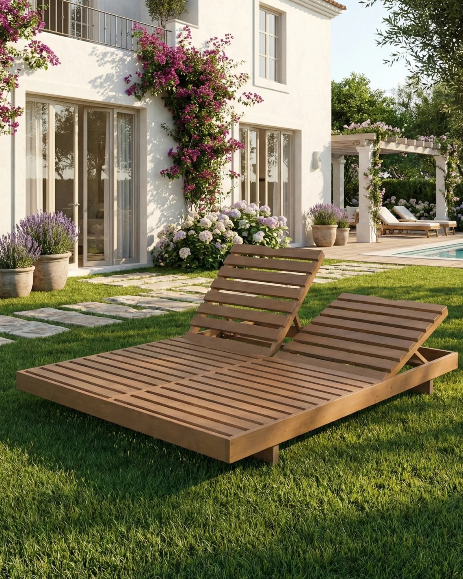 Paris İkili Masif Ahşap Şezlong